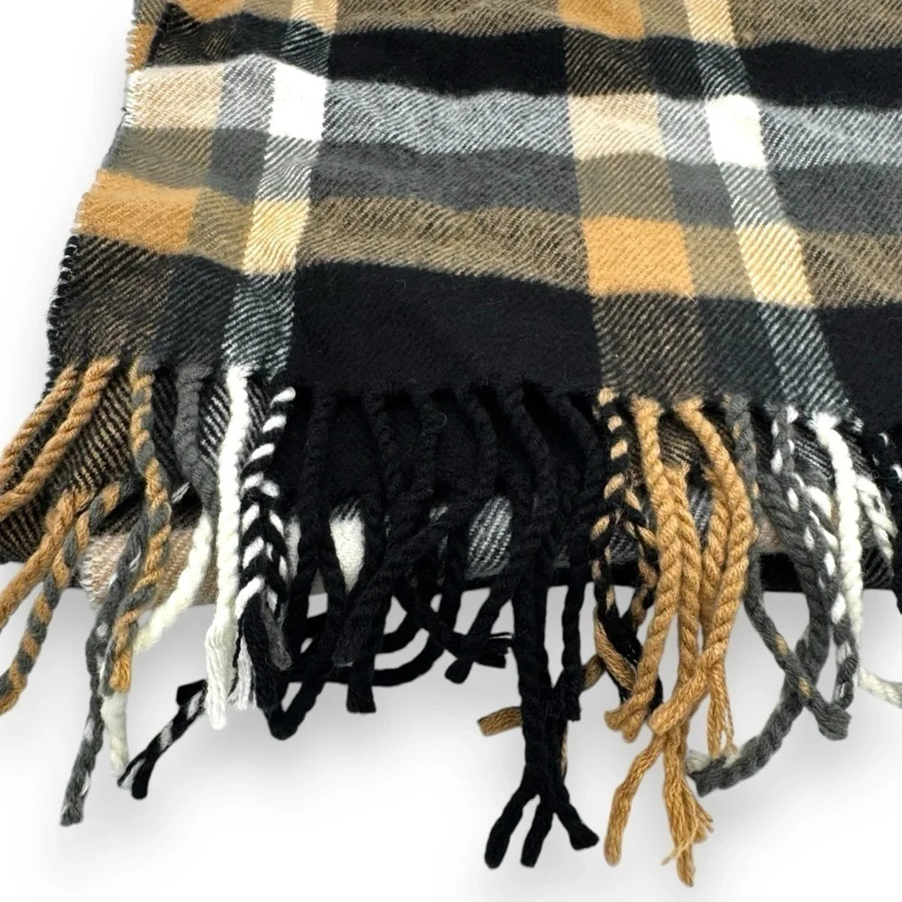 100% Cashmere Hand Tailored Made In Germany Neutral Plaid Unisex Scarf, 12x63 - Picture 6 of 11